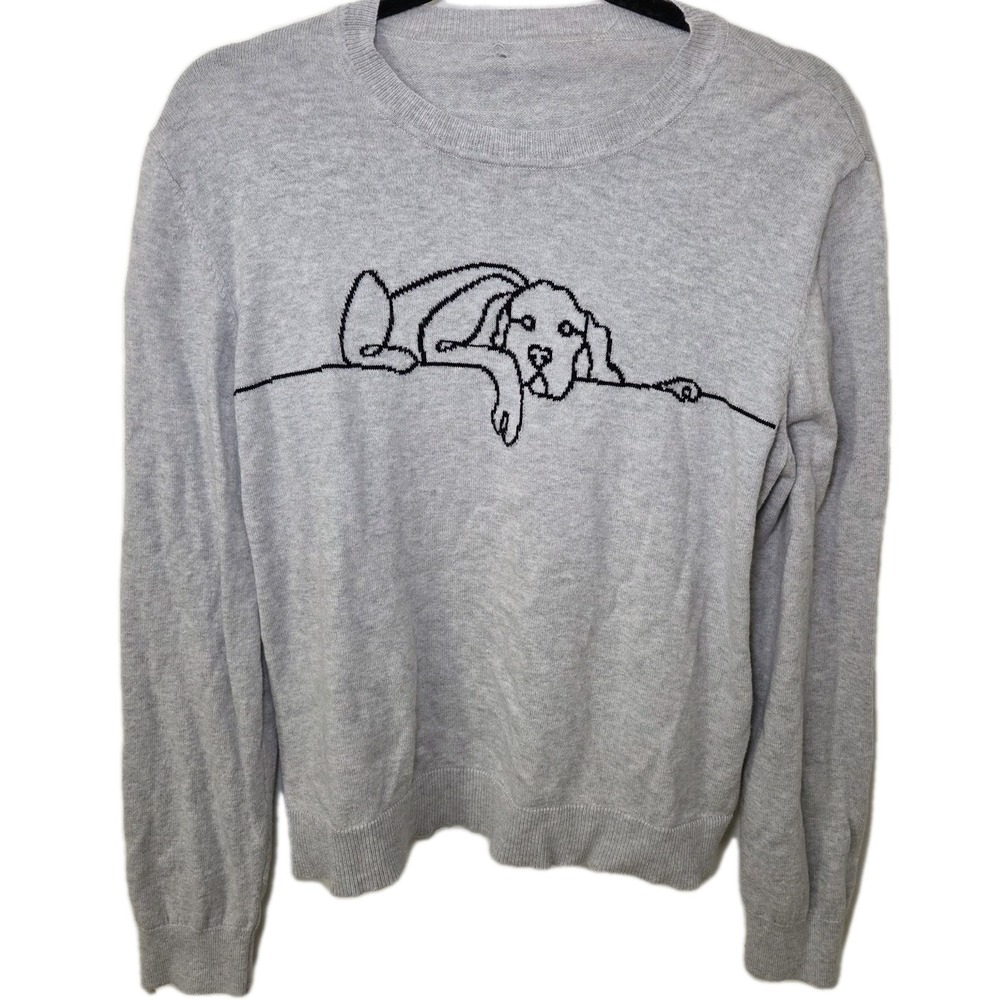 Alashan Lazy Lab Dog Novelty Sweater Womens Medium Gray Cotton Cashmere Knit Top